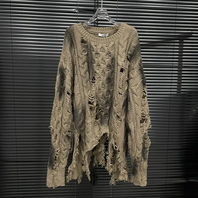 Irregular Ripped Sweater Women's Vintage Knitted Top Brown - Shop at LoveMi