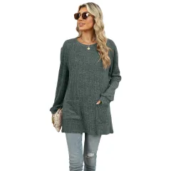 Casual Round Neck Pocket T-shirt Puff Sleeve Loose Top - Green - View 1