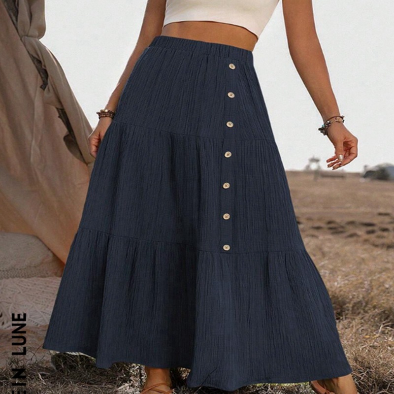 Elastic Waist Comfort Womens Long Tiered Striped Skirt