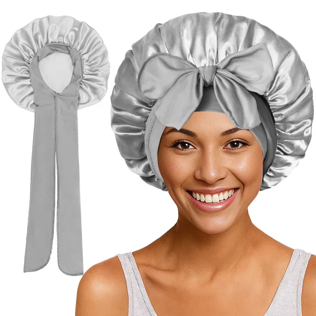 Satin Round Cap Bow Elastic Wide brimmed Ribbon Nightcap Gray - Shop at LoveMi
