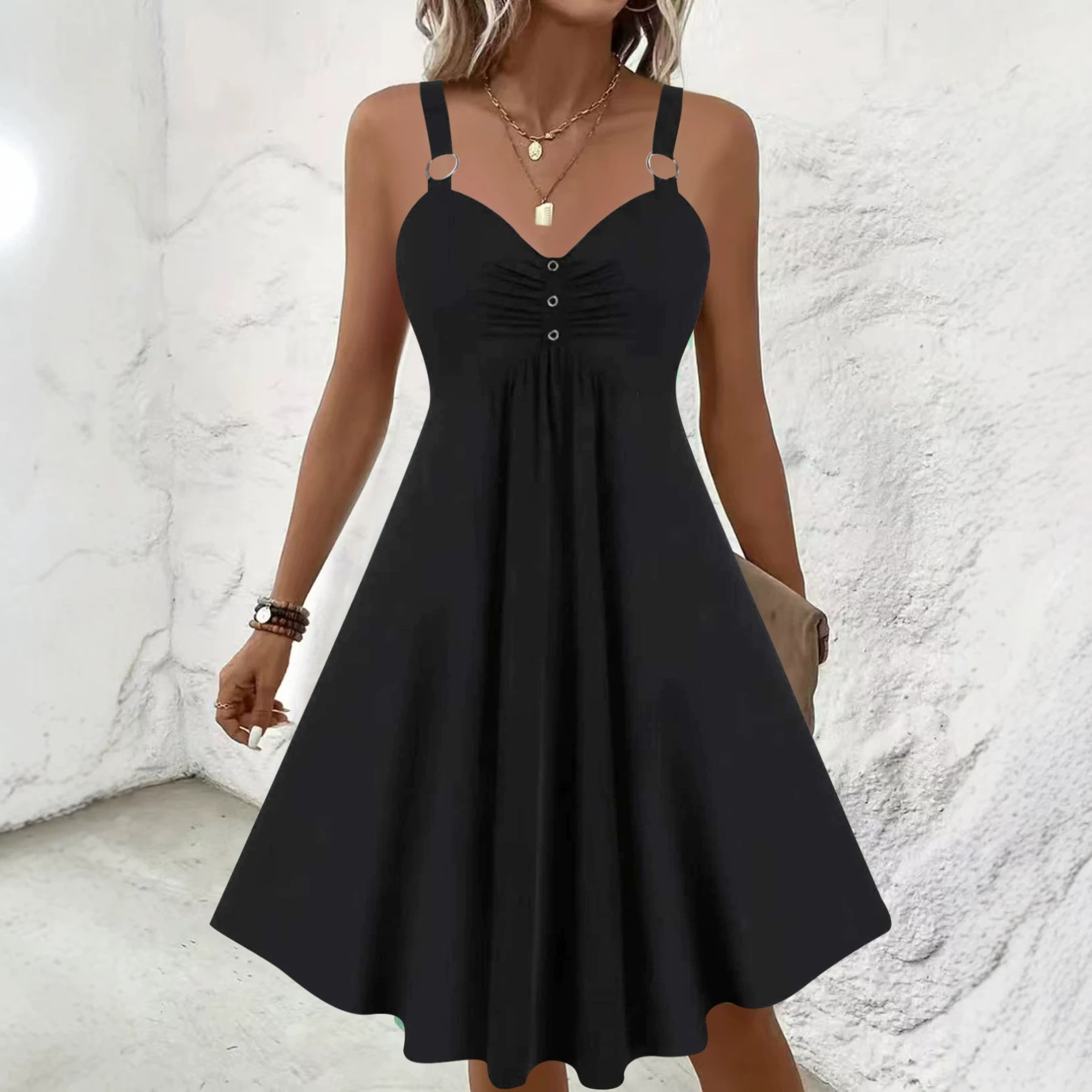 V-neck Slip Dress Simple Solid-color Plus-size Womens Wear