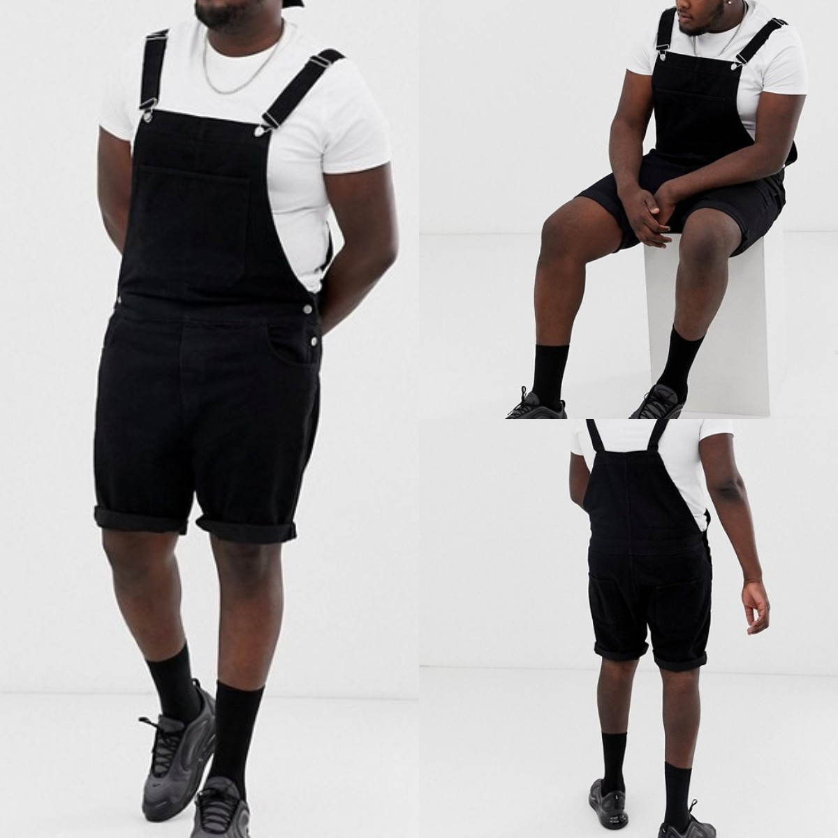 Retro Men's Denim White Black Rim One-piece Working Bib Top Pants