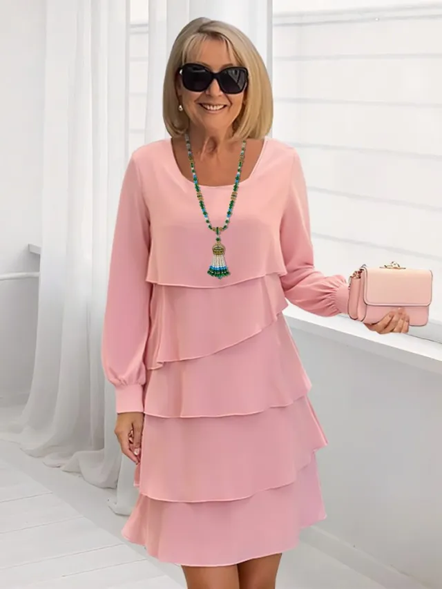 Elegant Loose Slimming Round neck Long sleeved Dress Pink - Shop at LoveMi