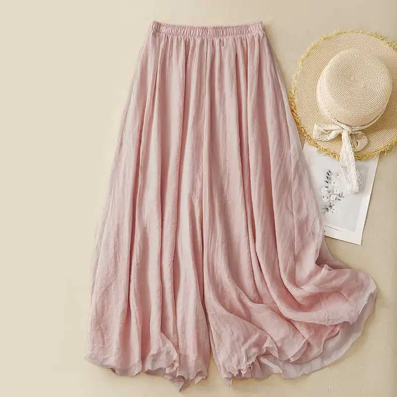 Tight Waist Cotton Linen Wide Leg Pants Loose And Elegant - Light Pink