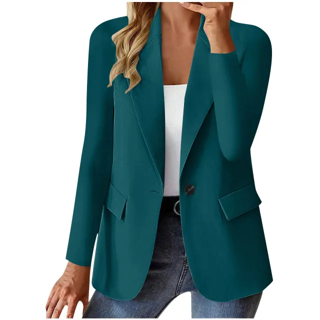 Women's Long Sleeve Solid Color Cardigan Small Suit Jacket Peacock Green - Shop at LoveMi