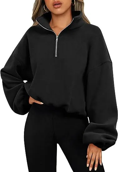 European And American Half Zipped Stand Collar Drawstring At Hem Polar Fleece Jacket Black - Shop at LoveMi