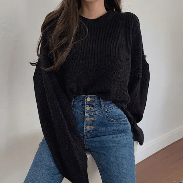 Loose Casual Solid Color Long Sweater For Women Black - Shop at LoveMi