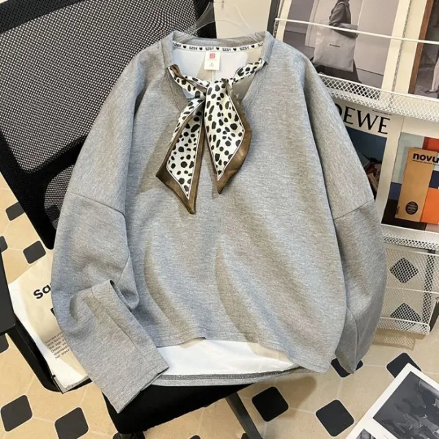 Figure flattering American style Vintage Silk Scarf Loose fit Hoodie For Women Gray - Shop at LoveMi