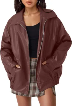 Women's Oversized Biker's Leather Jacket Fall Winter Fashion - Dark Red - View 1