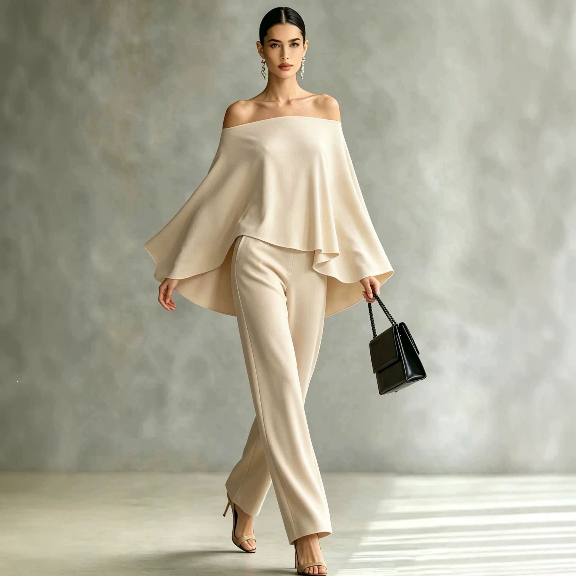 Autumn Fashion Off-Shoulder Wide-Leg Pants Set Womens Solid-Color Asymmetric Two-Piece Set 4
