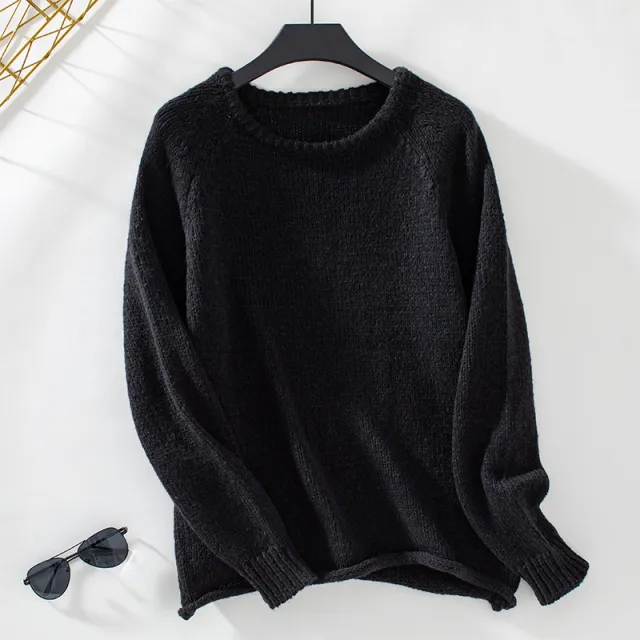 Solid Color Curling Pullover Women's Sweater Black - Shop at LoveMi