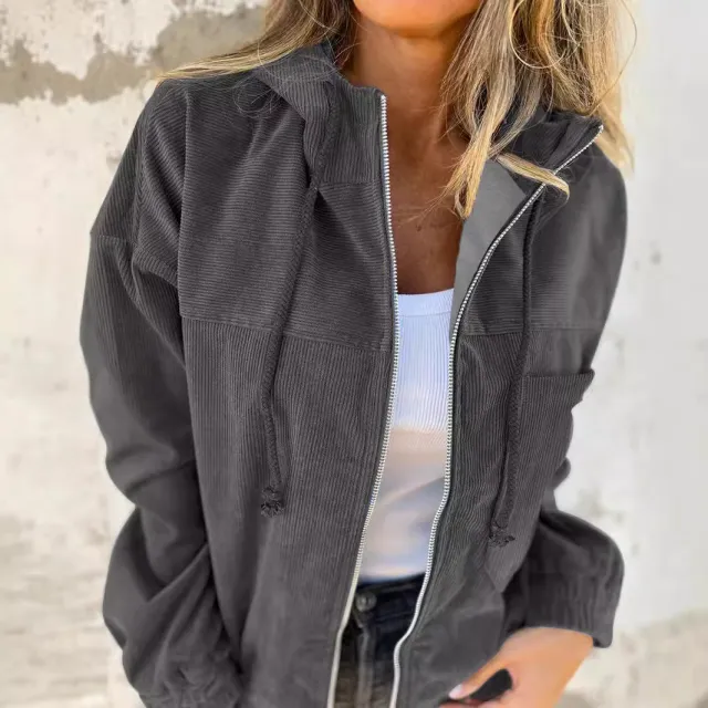 Solid Color Women's Corduroy Hooded Jacket Dark Gray - Shop at LoveMi