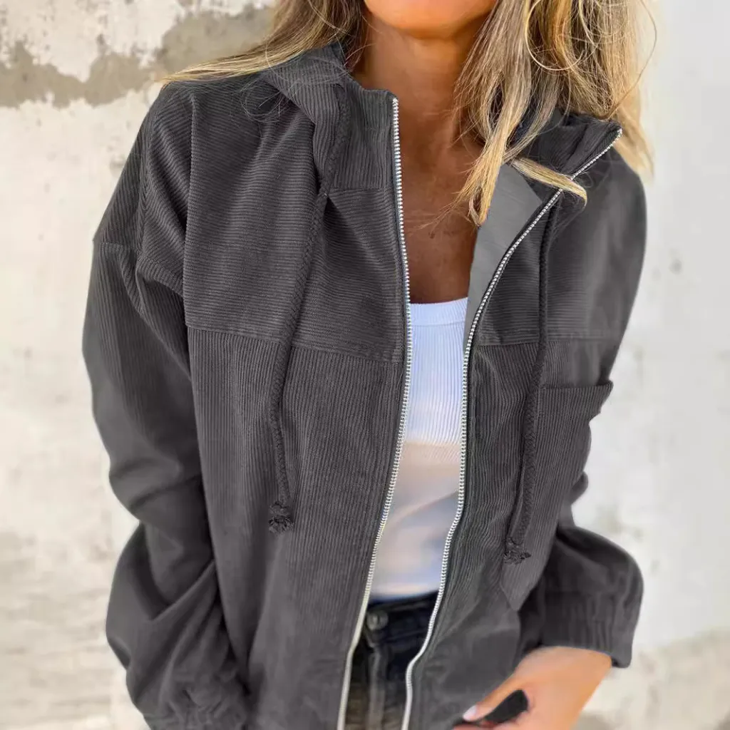 Solid Color Women's Corduroy Hooded Jacket - Dark Gray