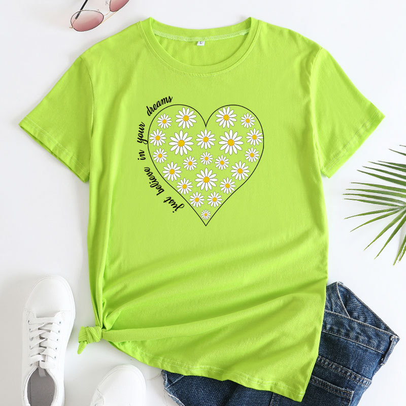 Women's Daisy Printed Cotton Round Neck Short Sleeve T shirt Fluorescent Green - Shop at LoveMi