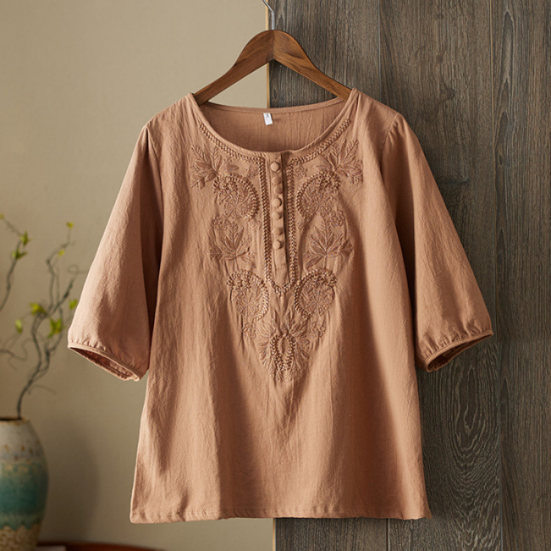 Womens Artistic Solid-Color Embroidered Cotton-Linen Top