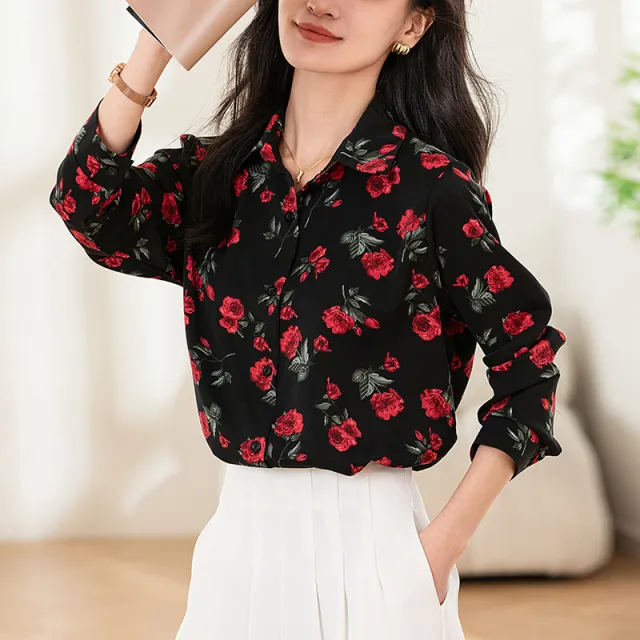 Design Sense Niche Long Sleeve Non ironing Draping Vertical And Smooth Printed Top Shirt 6896 Color Xl - Shop at LoveMi