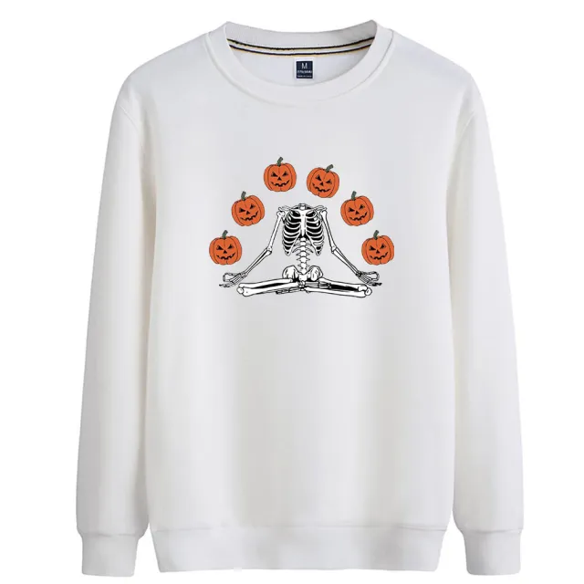 Female Wansheng Pumpkin Skull Printed Crew Neck Sweatshirt White - Shop at LoveMi