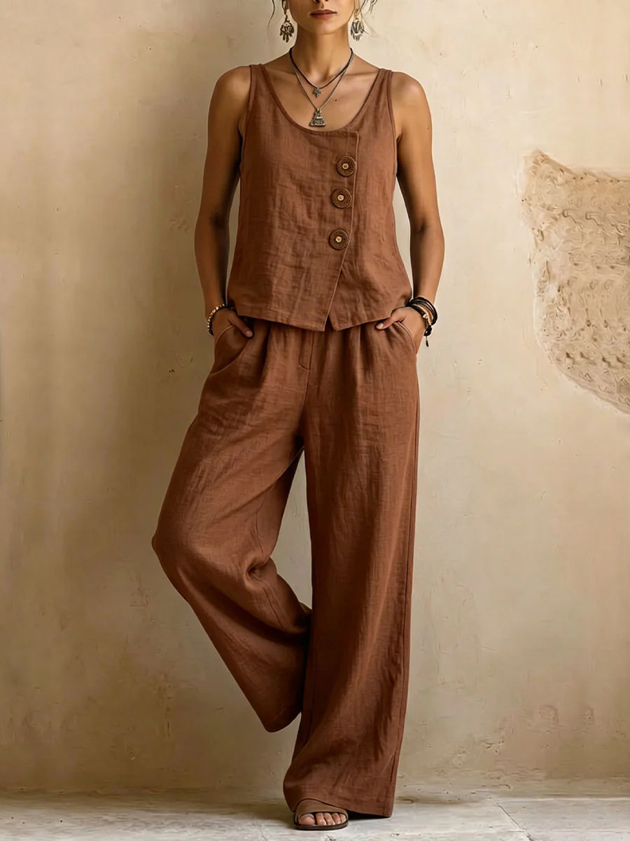 Women's cotton linen set in light brown – sleeveless tank top with matching pants