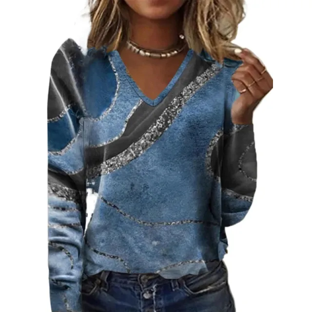 European And American New Fall Winter Fashion V neck Printed Long sleeved Top Women Blue - Shop at LoveMi