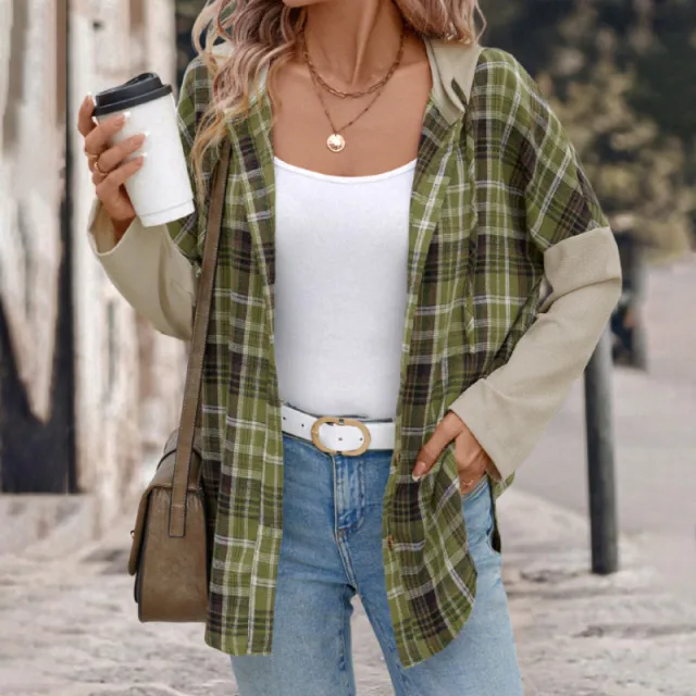 Casual Retro Style Loose Hooded Plaid Stitching Shirt Coat Women Green - Shop at LoveMi