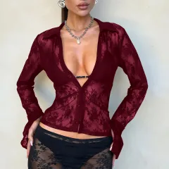 V Style Hollow Lace Cardigan Long Sleeve Top Women's Clothing - Wine - View 1
