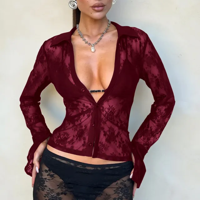 V Style Hollow Lace Cardigan Long Sleeve Top Women's Clothing Wine - Shop at LoveMi