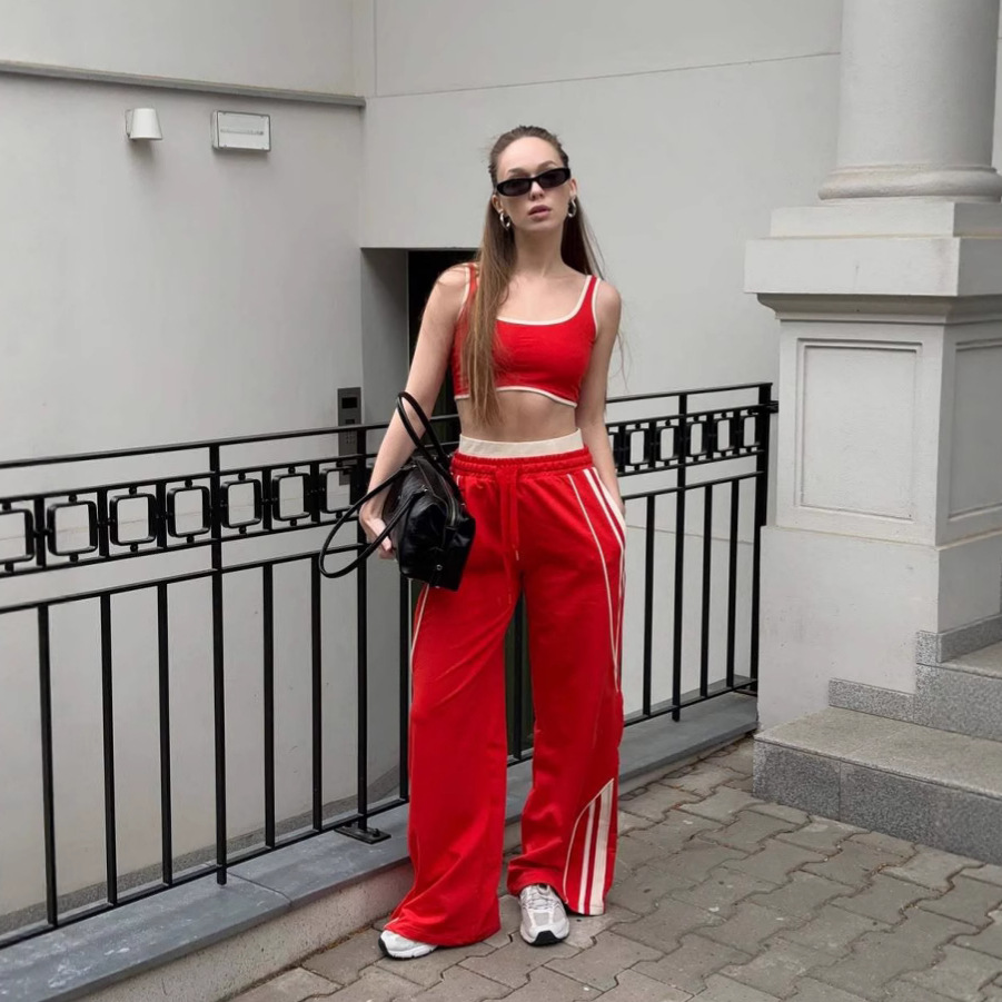 Womens Street-Style Sports Tank Top And High-Waisted Wide-Leg Pants Set