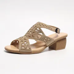 Summer Female Chunky Heel Rhinestone Hollow Out Peep-toe High-heeled Sandals - Khaki - View 1