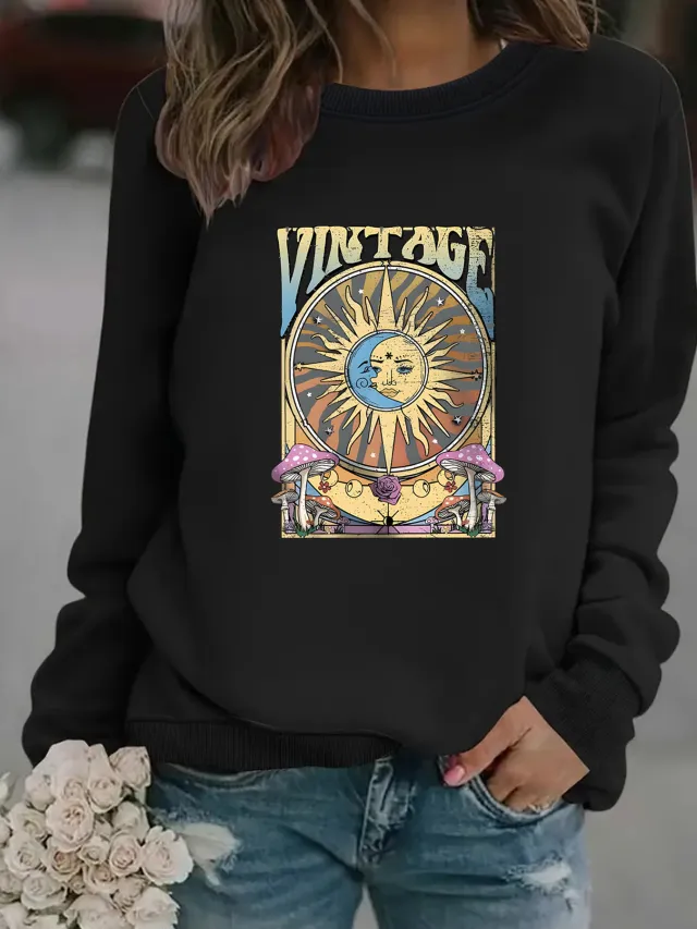 Women's Autumn And Winter Clothing Casual Long Sleeve Round Neck Sun Moon Print Pullover Sweater Sweatshirt Black - Shop at LoveMi