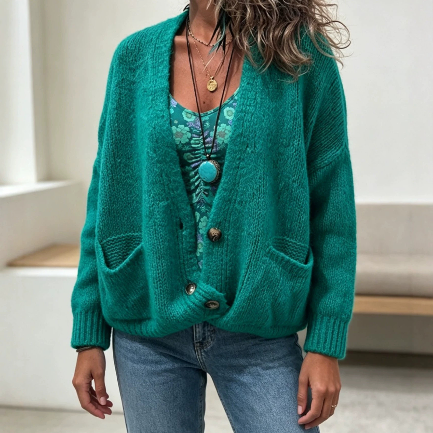 Womens Knitted Cardigan Loose-Fit Outerwear