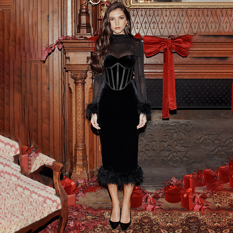 Ladies' Mesh Patchwork Waist-slimming Sheath Dress