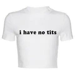 Round Neck Pullover Short Sleeve Letter Printing Midriff-baring Top I Have No Tits - Bai02 - View 1