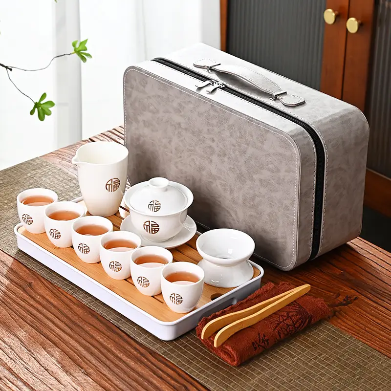 10 PCs Set White Jade Blanc De Chine Portable Travel Tea Set Suit
