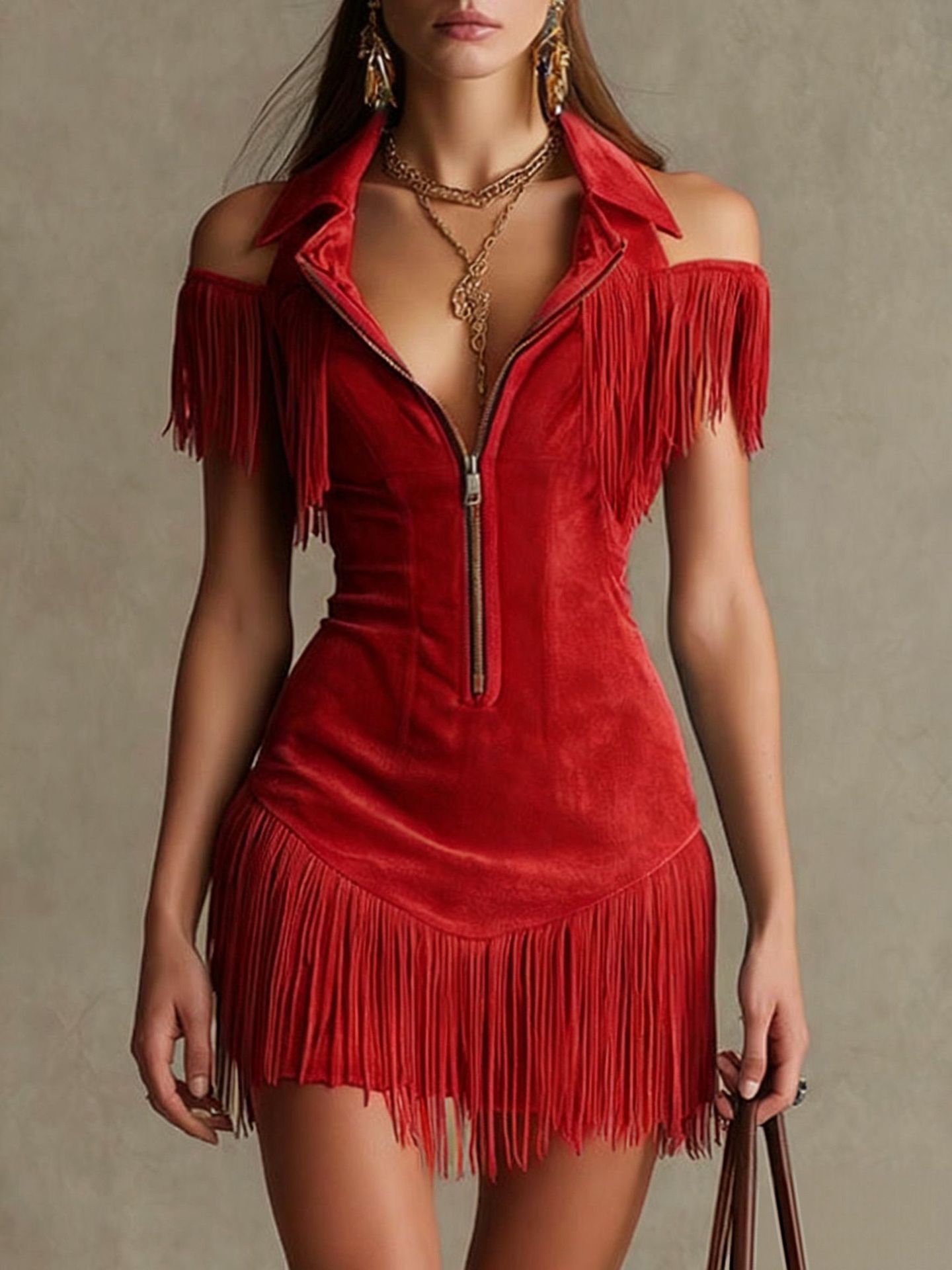 Tassel Off-Shoulder Suede Velvet Dress, Slim Fit Patchwork Tassel Off-Shoulder Suede Velvet Dress, Slim Fit Patchwork