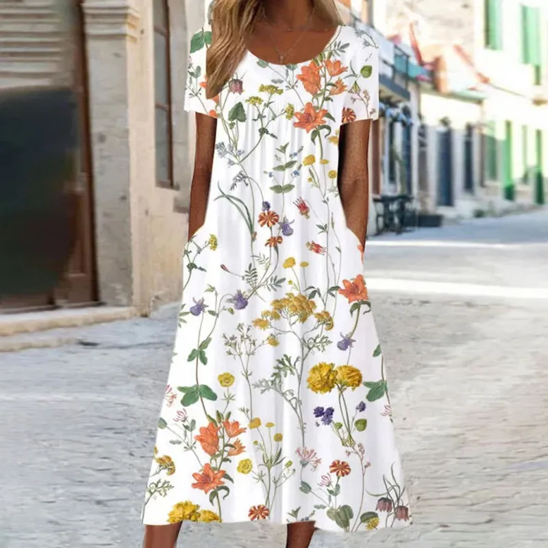 Spring And Summer Women's Elegant Large Swing Round Neck Printed Short Sleeve Dress - No 14 Color-L