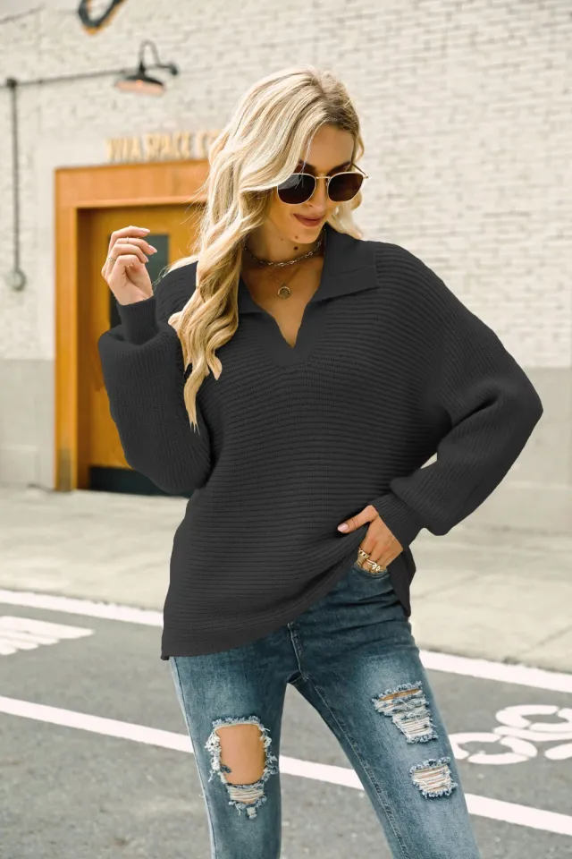 Fashion Solid Color Loose Pullover Lapel Sweater Black - Shop at LoveMi