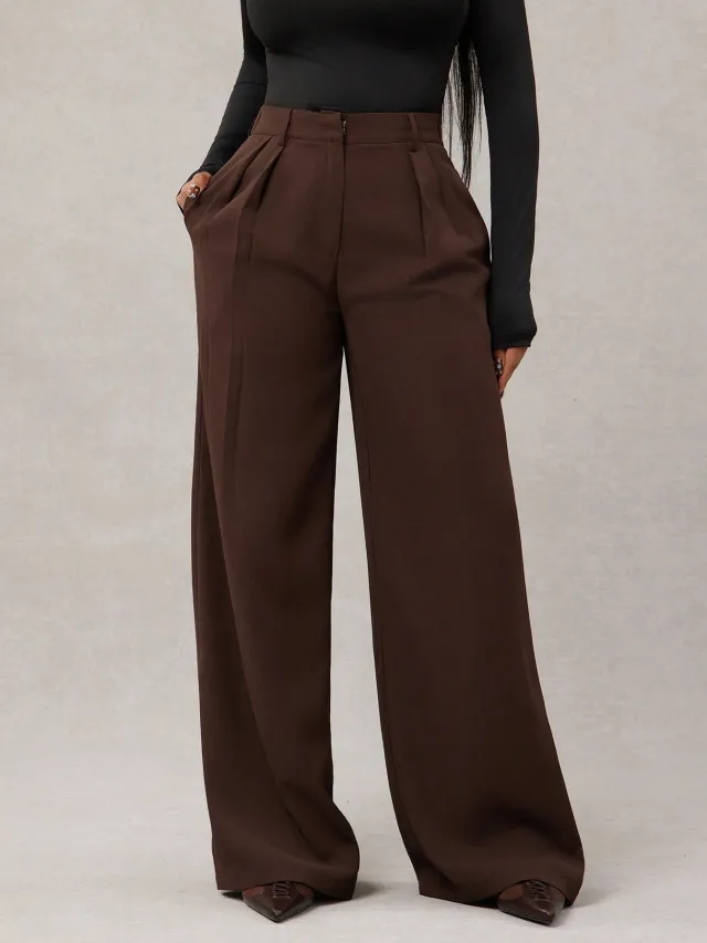 New Women's Casual Loose Straight leg Business Commuting Wide leg Pants Dark Red - Shop at LoveMi