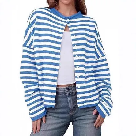 European And American Commuters' Knitted Shirt Soft Glutinous Stripes Blue - Shop at LoveMi