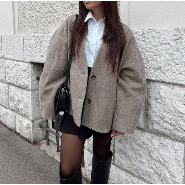 V neck Long Sleeve Button Short Coat Fall Winter Fashion Women Commute Leisure Gray Coffee Color - Shop at LoveMi