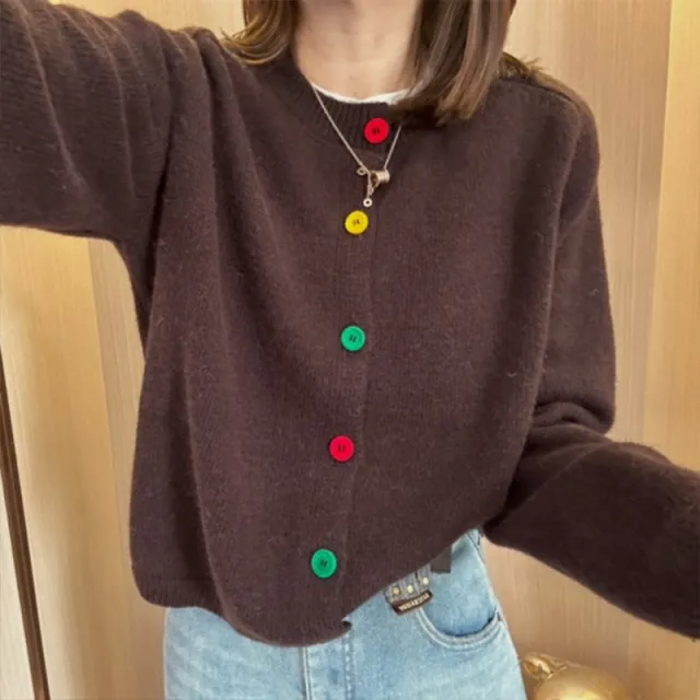 Korean style Age reducing Rainbow Single breasted Round Neck Brown - Shop at LoveMi