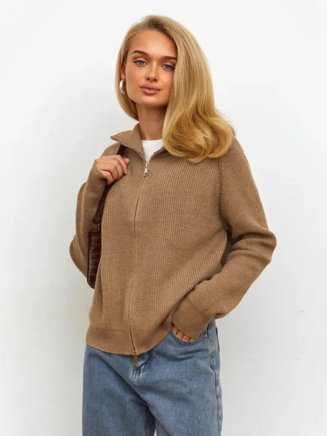 Women's Casual Knit Dual zip Solid Color Sweater Khaki - Shop at LoveMi