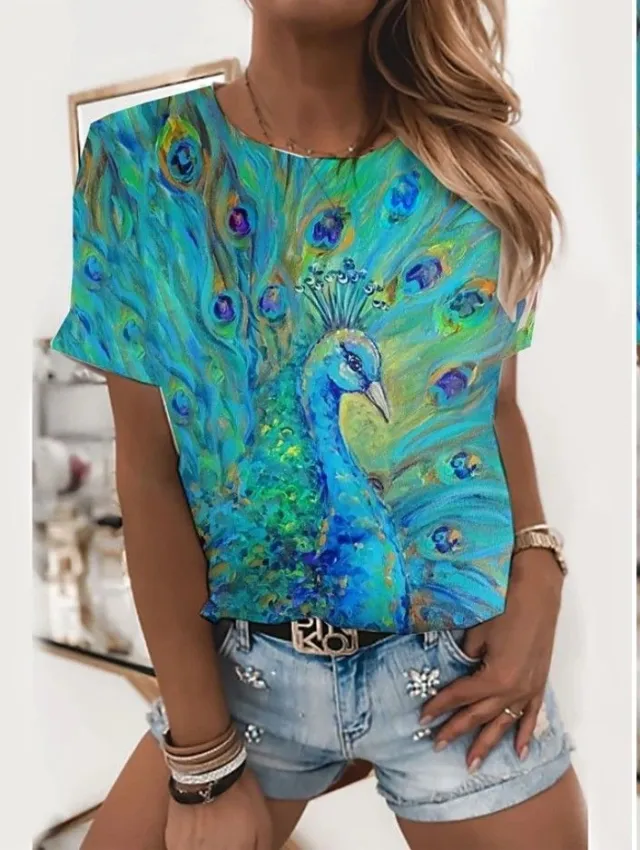 Animal Pattern Short Sleeve Round Neck T shirt Me13Rq250219Y014 M - Shop at LoveMi