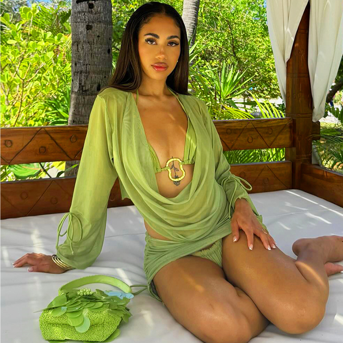 Hollow-out Midriff-baring Boat-neck Long-sleeve Top