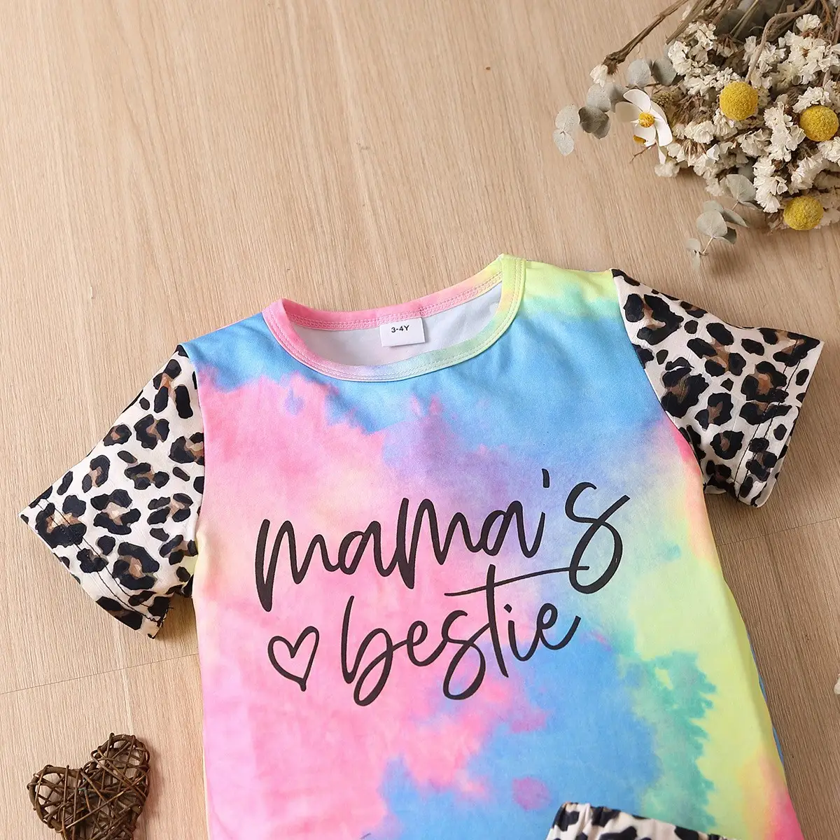 Letter Tie-dye Short Sleeve Stitching Leopard Print Shorts Suit