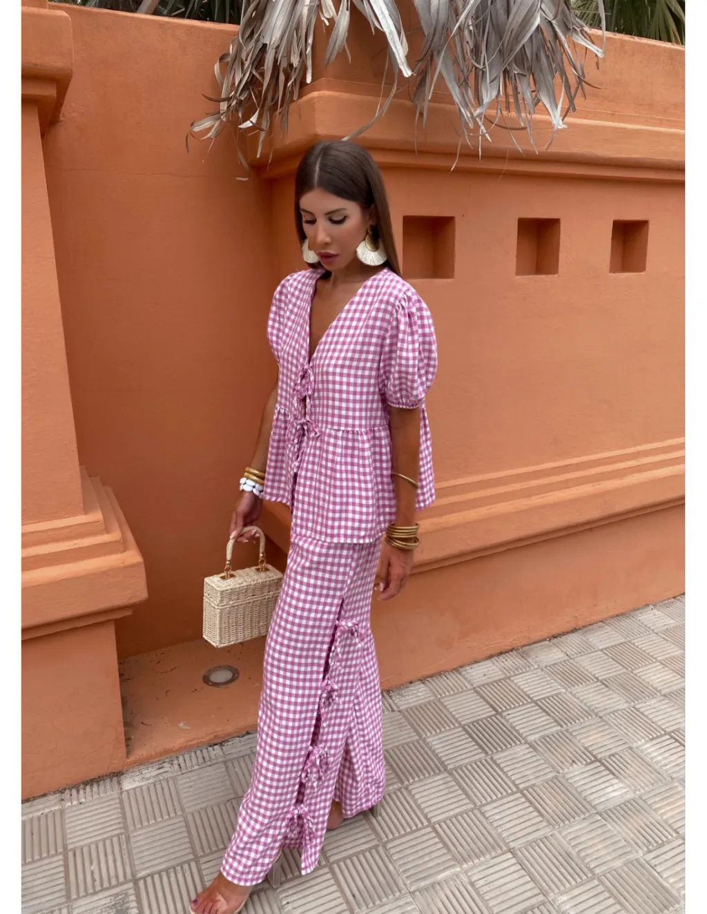 Women's Fashion V-neck Lace-up Plaid Knotted Suit - Pink