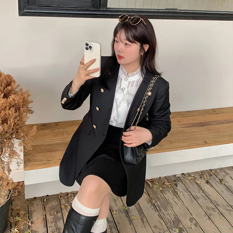 Autumn Large Size Women's Collarless Double-breasted Suit Jacket - Black