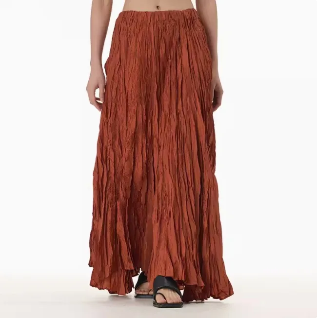 Irregular Ultra-long Mop Umbrella Skirt Slimming Pleated Half-length - Orange