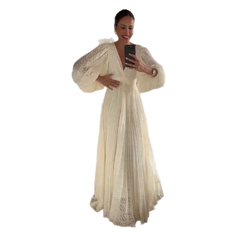 Women's Elegant Slimming Low Collar Long Sleeves White Dress