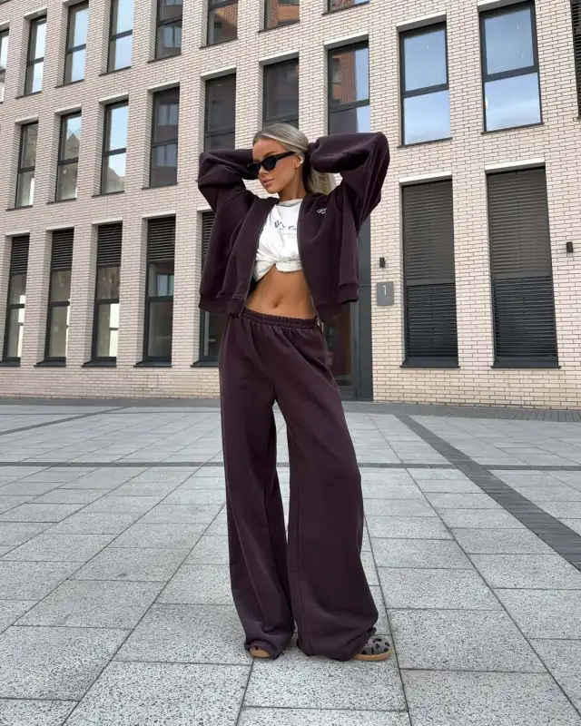 Casual Exercise All match Wide Leg Pants Hooded Sweater Two piece Set Maroon - Shop at LoveMi