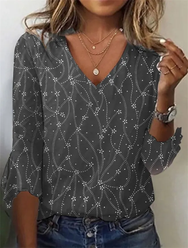 Elegant Style Bell Sleeve V neck Knitted Women's Blouse Gray - Shop at LoveMi